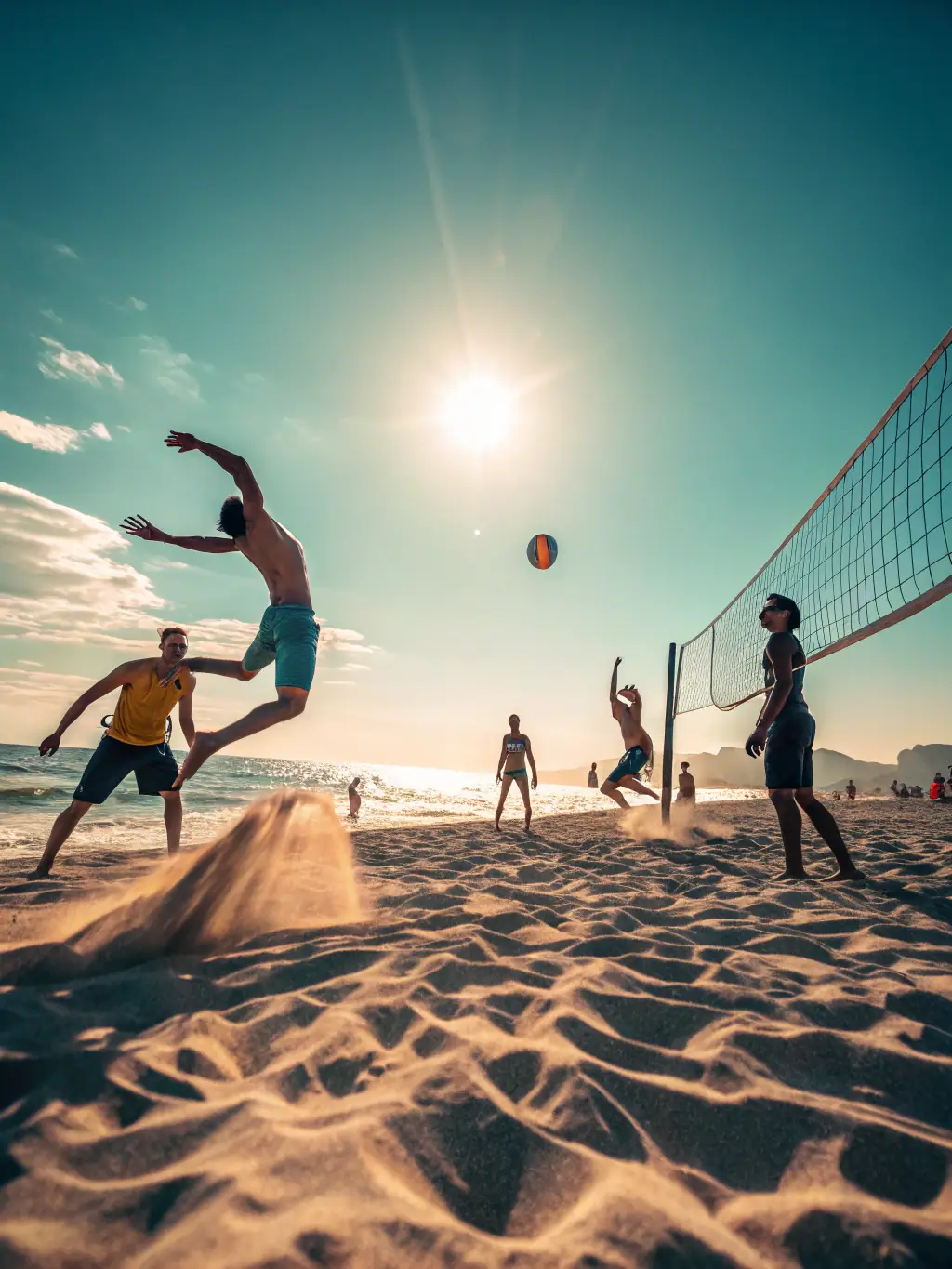 A volleyball team of students practicing on the court, emphasizing coordination and strategic play during a competitive match.