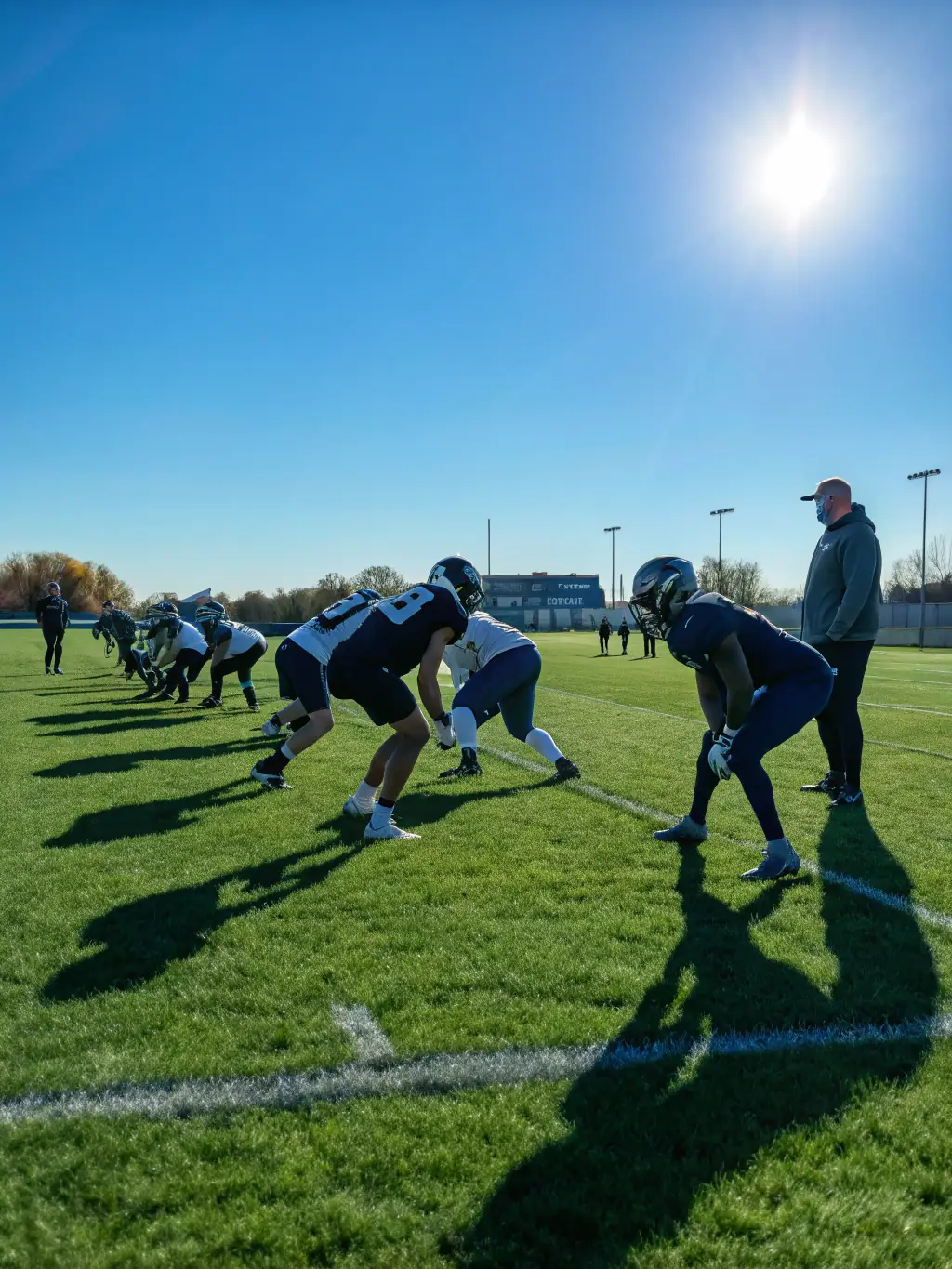 Students participating in a football training session on a sports field, highlighting agility and tactical skills under the guidance of a coach.