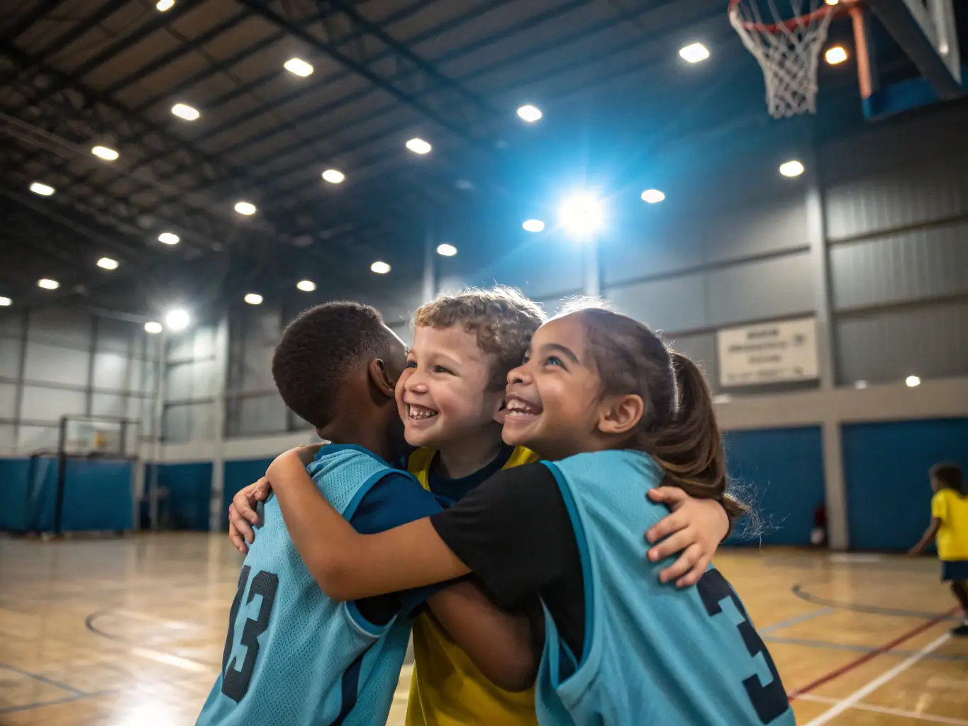 A group of young athletes celebrating a victory after a basketball game, showcasing teamwork and sportsmanship.