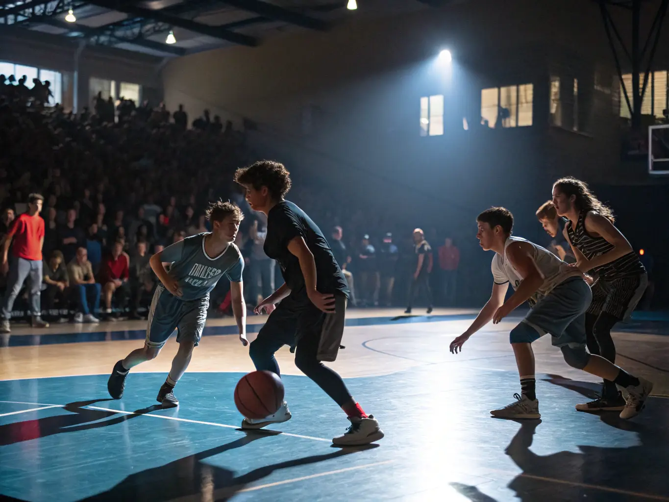 An action shot of young athletes playing basketball in a school gymnasium, focusing on the intensity and excitement of the game.