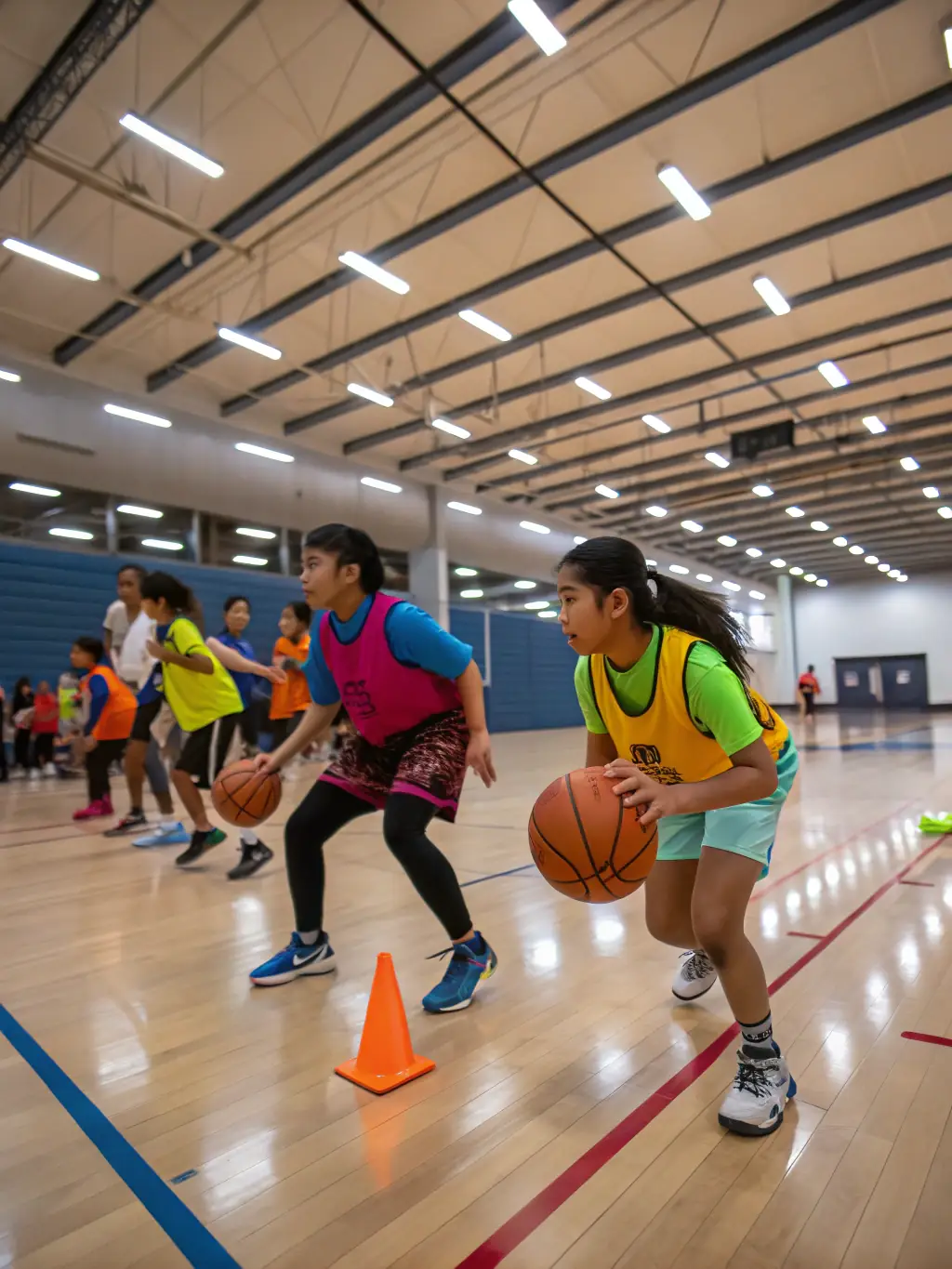 A group of young students playing basketball in a school gymnasium, focusing on teamwork and skill development during a training session.