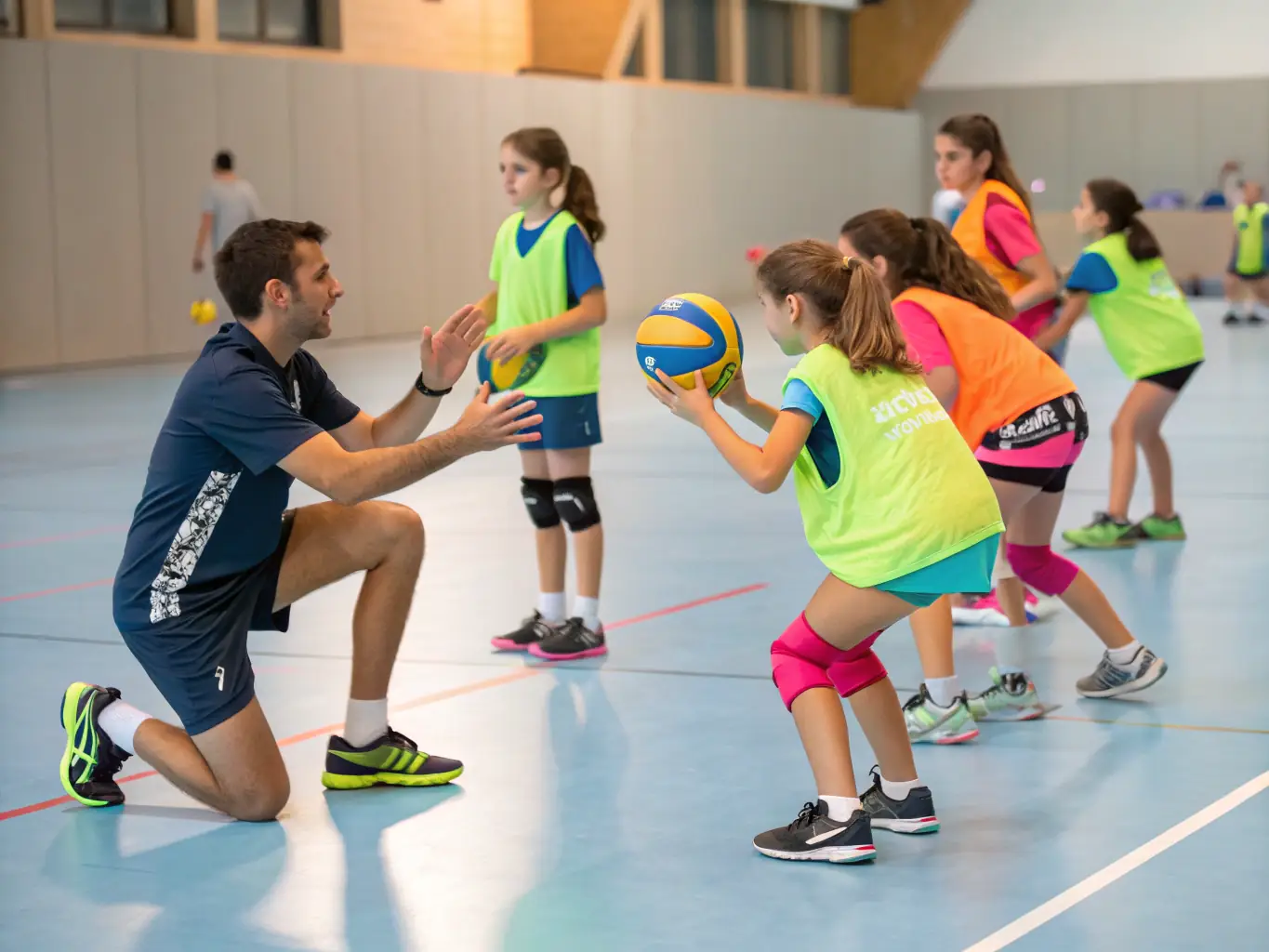 A diverse group of students working together during a volleyball practice, emphasizing collaboration and communication.